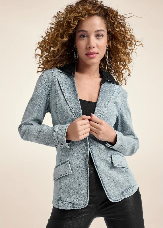 Seasonal Sale Denim Blazer With Faux Leather Hood - Medium Wash