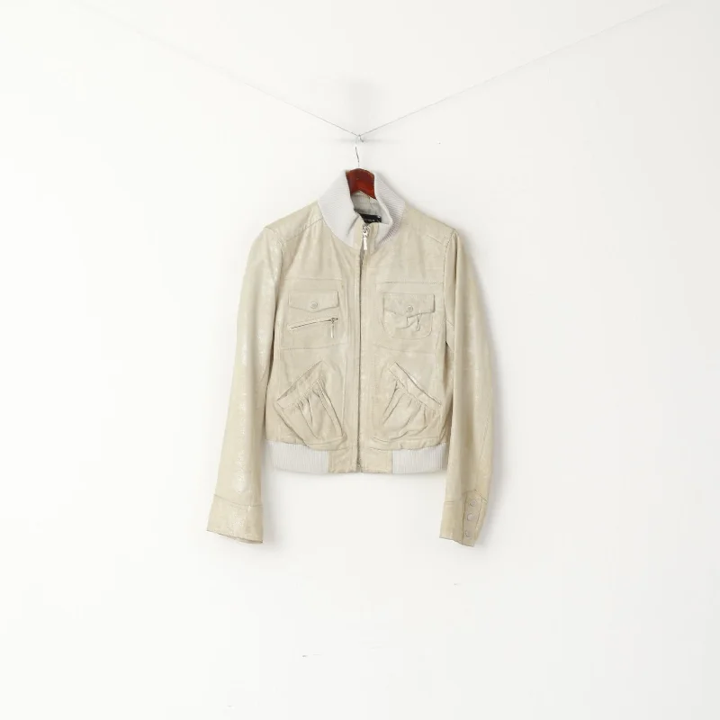 Deep Discounts Tally Weijl Women 38 M (S) Jacket Beige Leather Biker Full Zipper SHiny Pocket Top