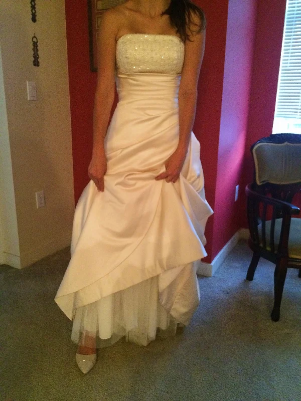 Can't Be Beat David's Bridal Strapless Champagne A-Line Gown with beaded bodice