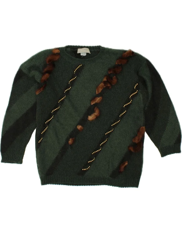 Deal Frenzy VINTAGE Womens Crew Neck Jumper Sweater UK 16 Large Green Striped Wool