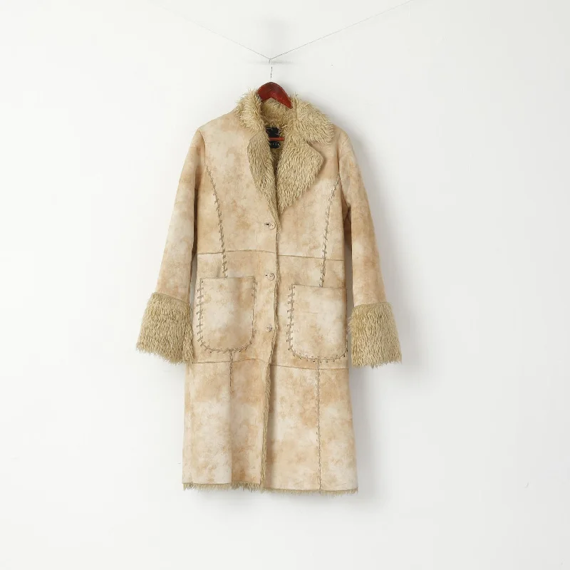 Deep Discounts Amisu Womens 40 M Coat Beige Boho Long Buttoned Faux Fur Inserts Pocket Top