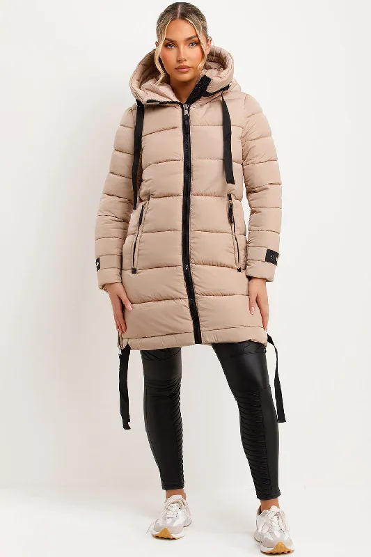 Long Puffer Coat With Hood And Side Straps Beige