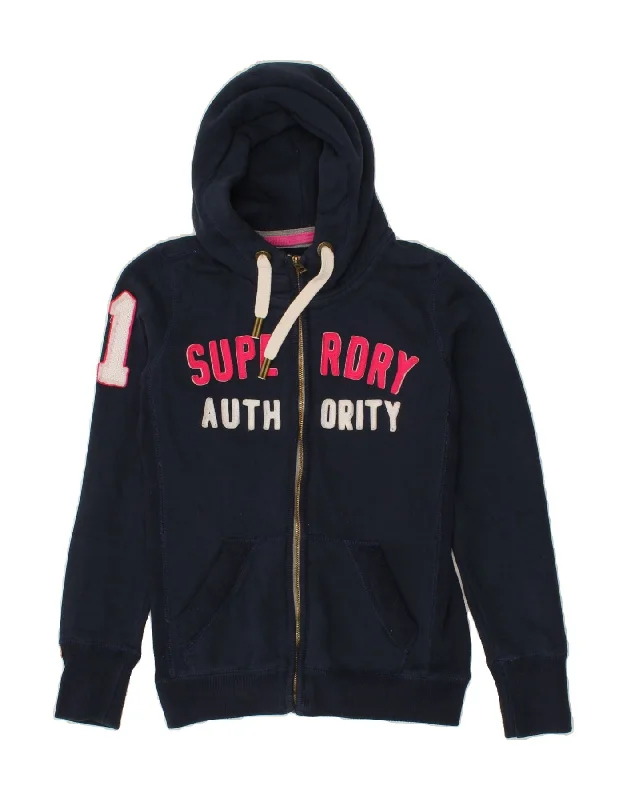 SUPERDRY Womens Graphic Zip Hoodie Sweater UK 6 XS Navy Blue Cotton