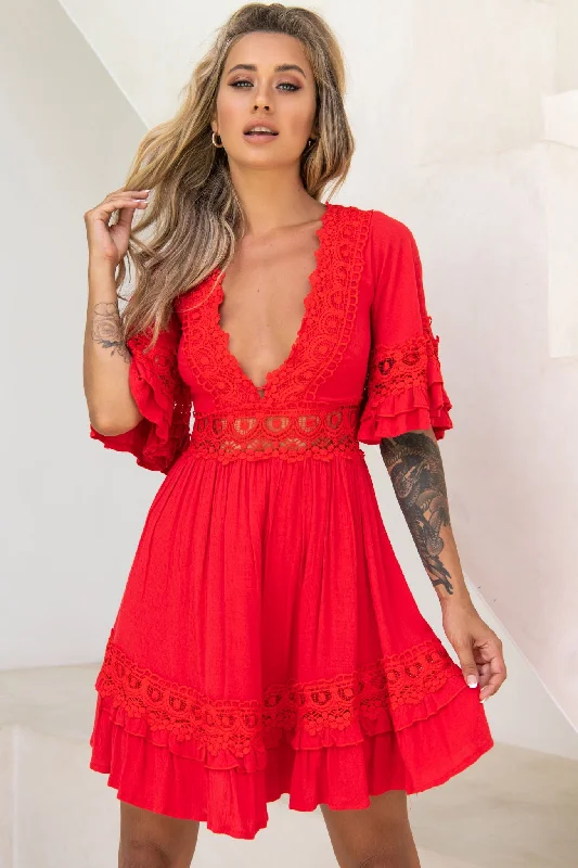 Kauai V-Neckline Crochet Lace Trim Dress Red