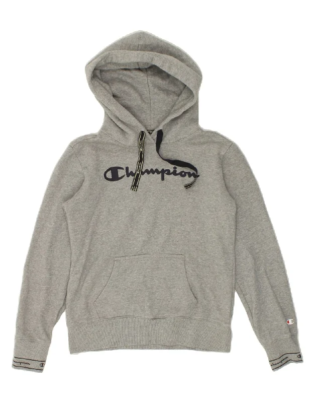 Mega Sale CHAMPION Womens Graphic Hoodie Jumper UK 12 Medium Grey Flecked Cotton