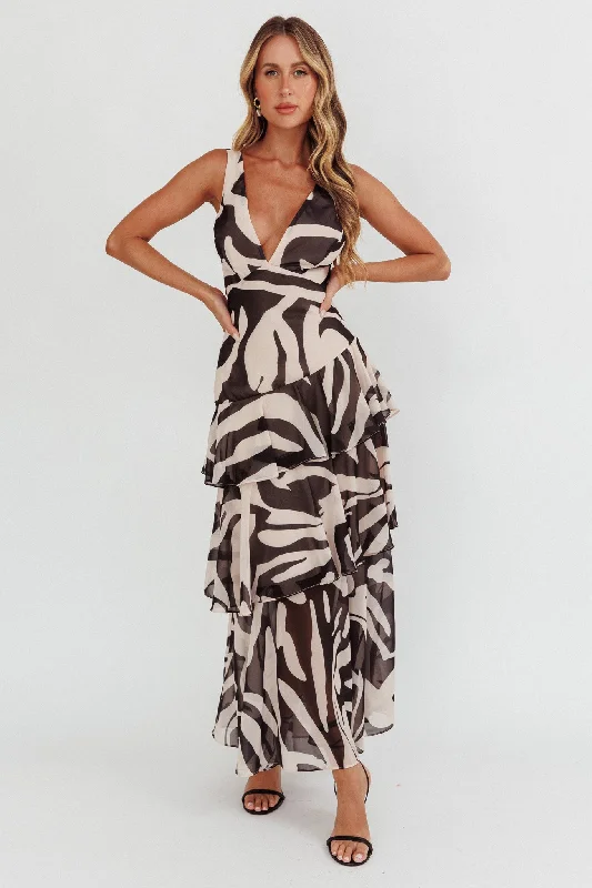 Don’t Miss Out Veda Strappy Back Ruffle Maxi Dress Print Black