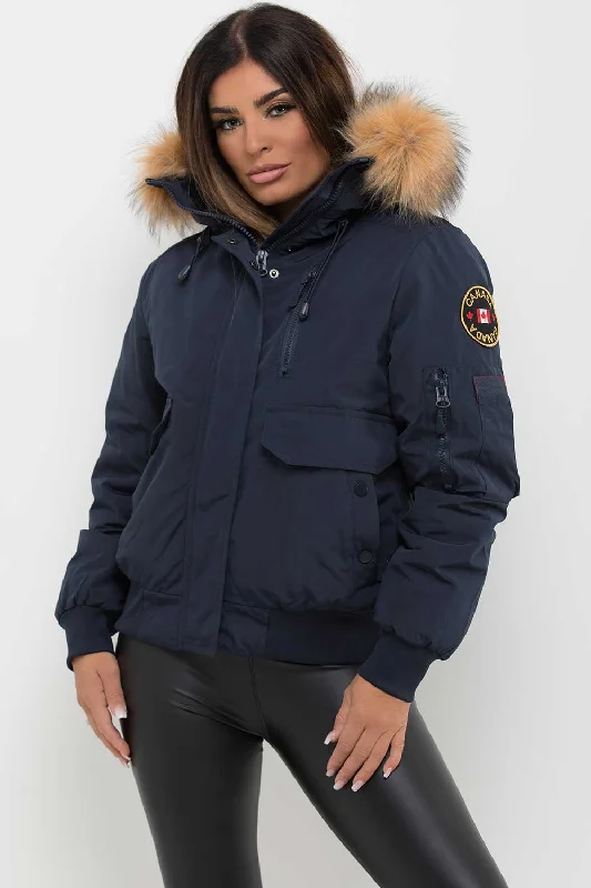 Price Break Canada Bomber Jacket With Fur Hood Navy