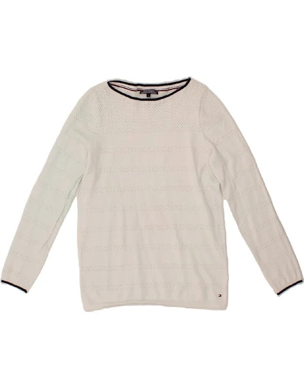 TOMMY HILFIGER Womens Boat Neck Jumper Sweater UK 10 Small White Cotton