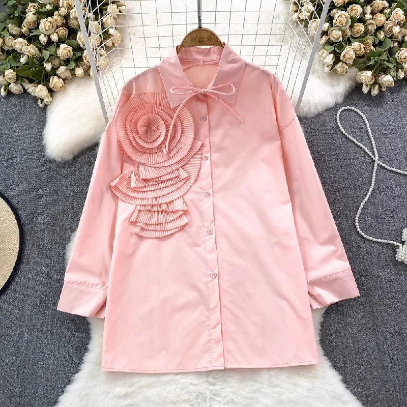 Special Discount floral long-sleeved solid color shirt casual top     S4117