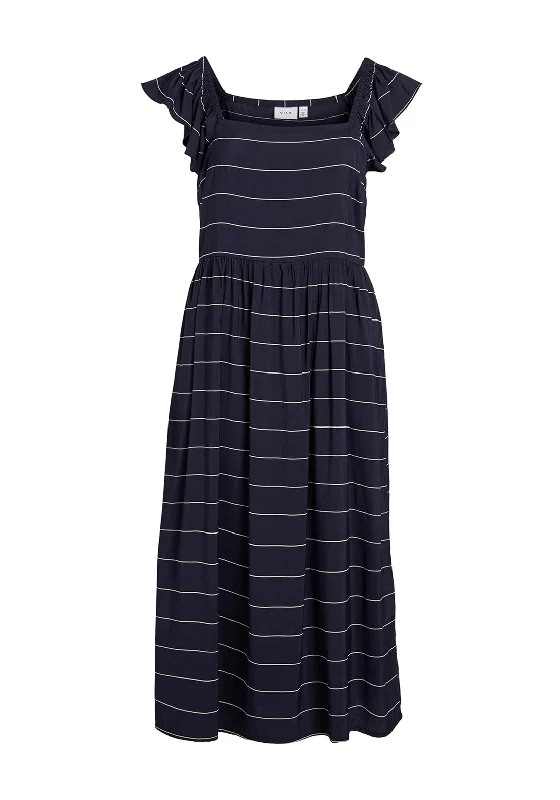 Vila Rita Stripe Print Midi Dress, Navy Blazer