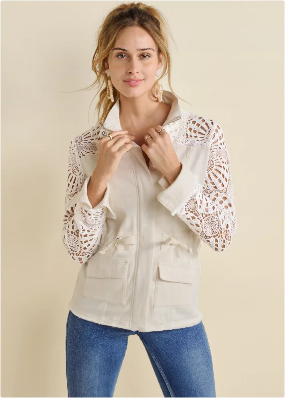 Price Cut Crochet Sleeve Utility Jacket  - Off White