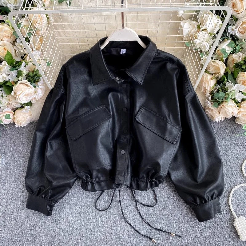Closeout leather jacket women's retro big pocket short jacket     S4567