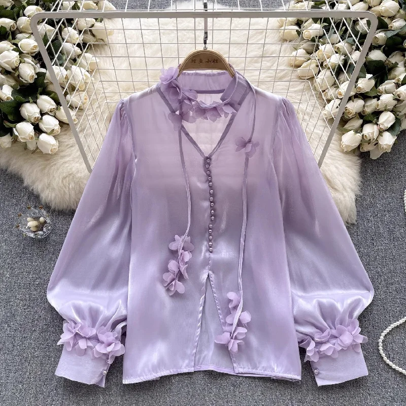 Bargain Bin mesh shirt for women with ribbon long-sleeved design beautiful top trend     S4532