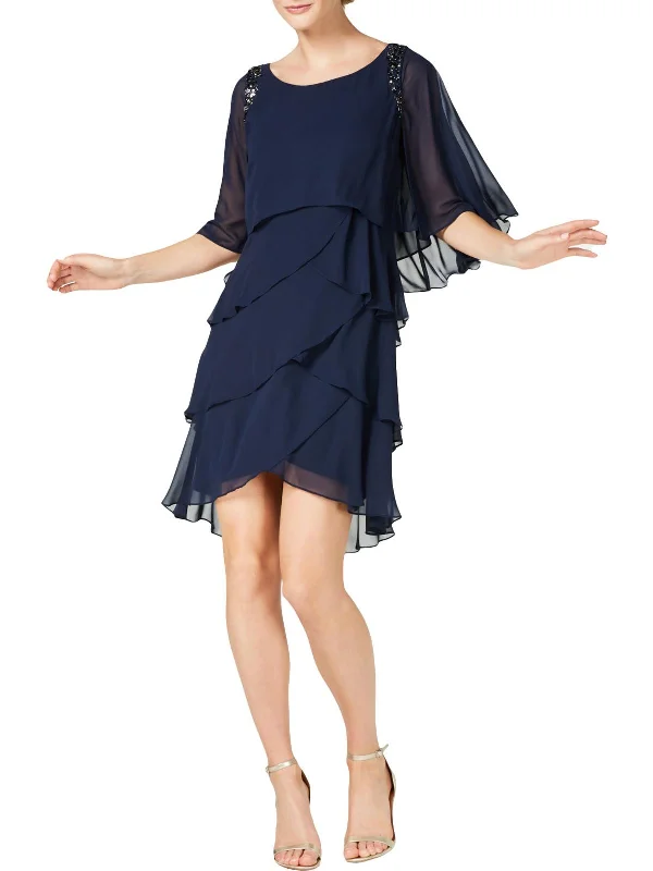 Womens Embellished Tiered Capelet Dress