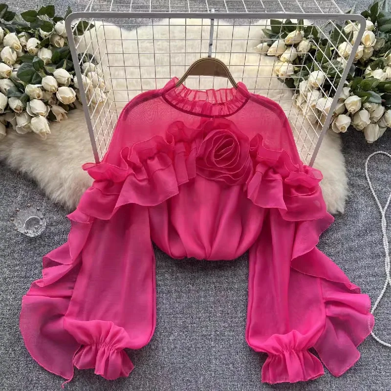 Shop and Save Designed irregular ruffled mesh shirt for women pleated chic top trendy    S4498
