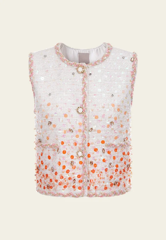Discount Mania White Beaded Sequin Tweed Vest