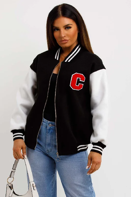 Sale Event C Slogan Varsity Bomber Jacket Black And White