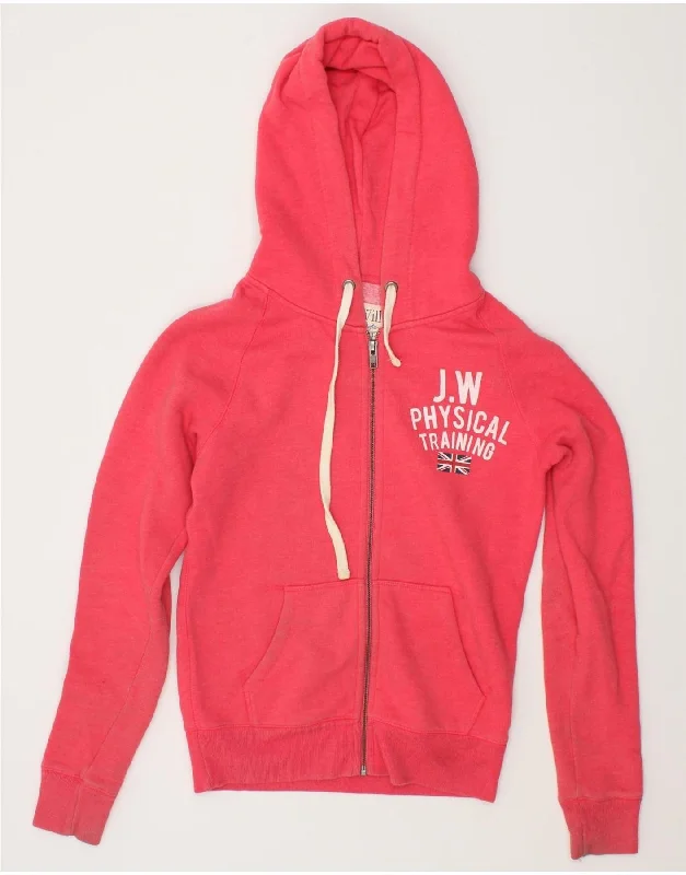 JACK WILLS Womens Graphic Zip Hoodie Sweater UK 8 Small  Pink Cotton