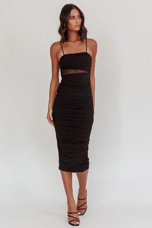 Stock Clearance Take A Glance Sheer Waist Midi Dress Black