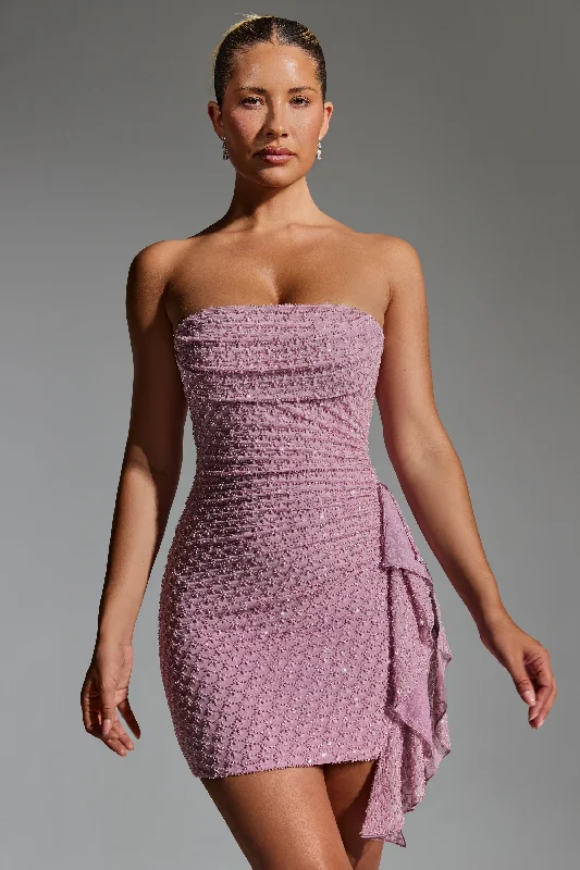 Don't Wait Embellished Ruffled Cowl-Neck Bandeau Mini Dress in Mauve