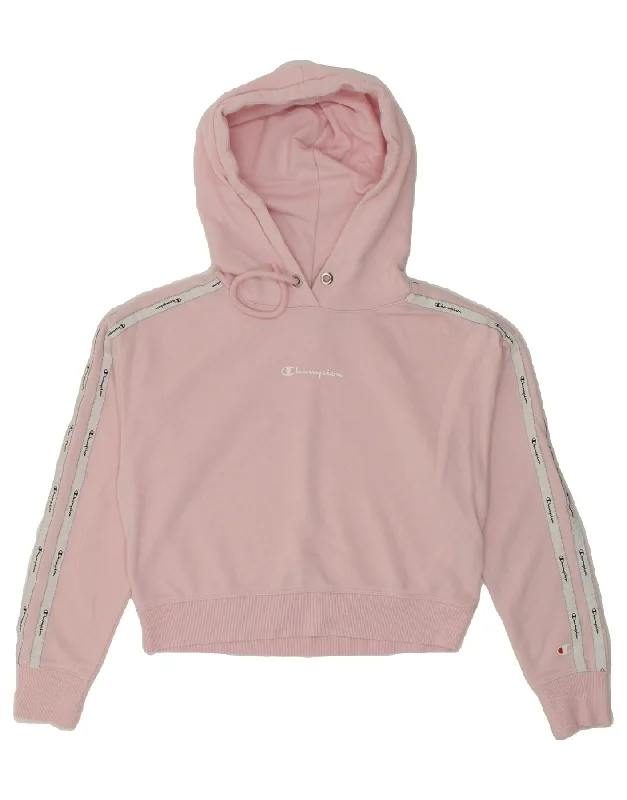 Don't Miss CHAMPION Womens Oversized Crop Graphic Hoodie Jumper UK 6 XS Pink