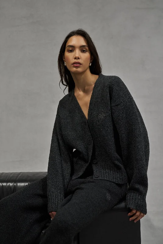 Best Deals FLUFFY KNIT EMBLEM EMBROIDERED CARDIGAN - CHARCOAL