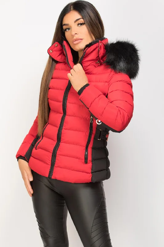 Today's Special Puffer Jacket With Faux Fur Hood Red