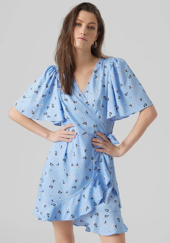 Closeout Vero Moda Emma Floral Wrap Mini Dress, Little Boy Blue
