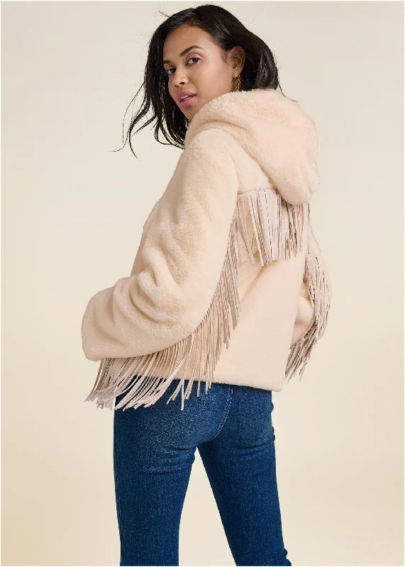 Mega Deal Faux Fur Bomber Jacket With Fringe Detail - White