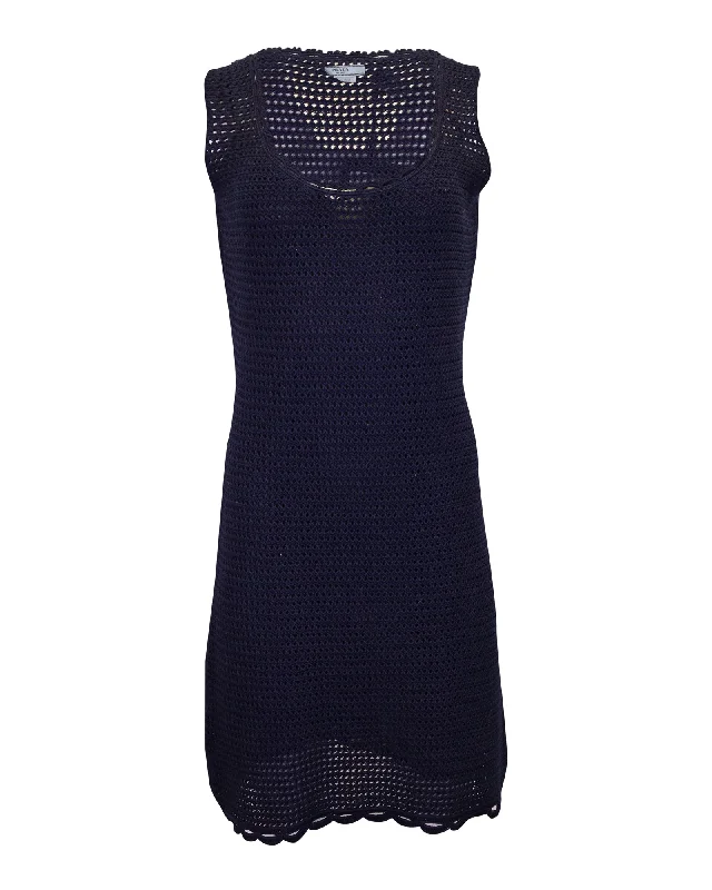 Prada Sleeveless Crochet Dress in Navy Blue Cotton Wool