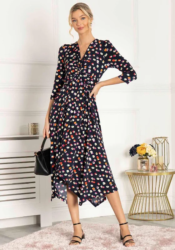 Jolie Moi Devyni Floral Print Hanky Hem Dress, Navy