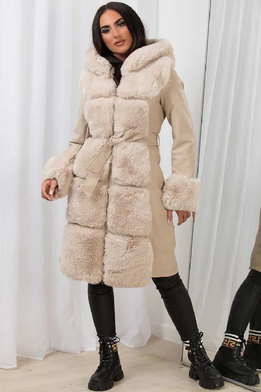 One-DAY Sale Faux Leather Faux Fur Longline Hooded Jacket Beige