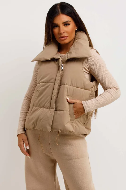 Midnight Madness Beige Puffer Duvet Gilet With Drawstrings