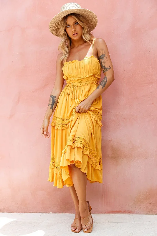 Now or Never Meet You There Crochet & Frill Trim Detail Midi Dress Mustard