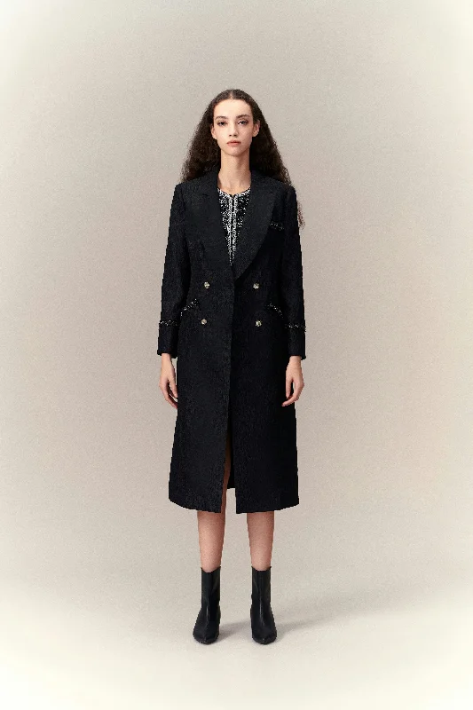 Limited Availability Double-breasted Embossed Pattern Maxi Coat