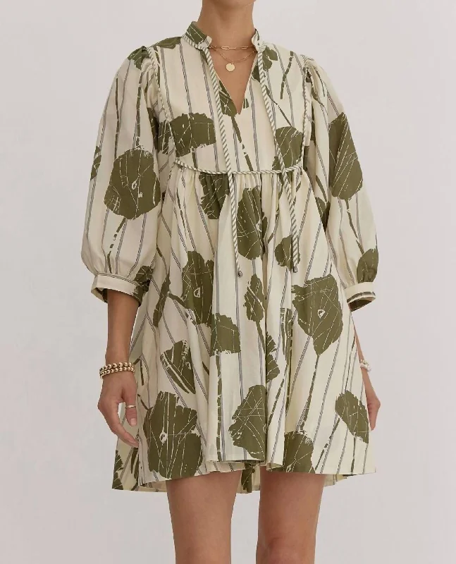 Puff Sleeve Floral Dress In Olive