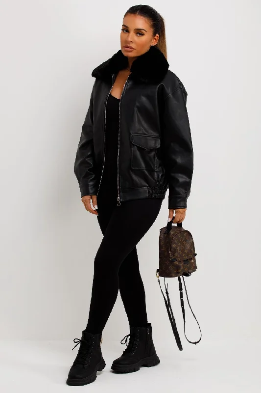 Faux Leather Jacket With Faux Fur Collar Black