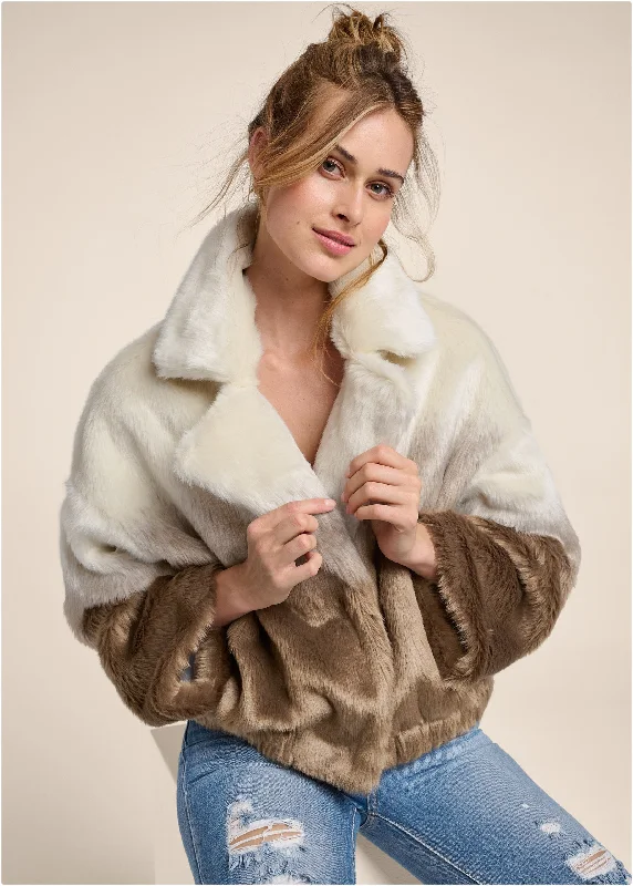 Amazing Deals Ombre Faux Fur Coat - Cream Multi