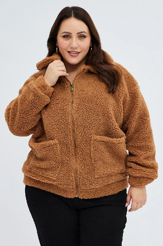 Brown Plus Teddy Jacket