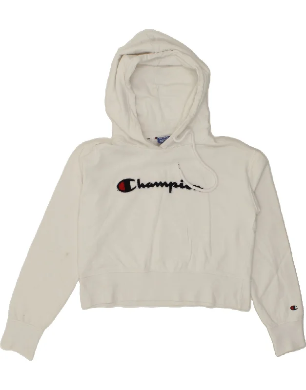Great Bargains CHAMPION Womens Graphic Crop Hoodie Jumper UK 14 Medium White Cotton