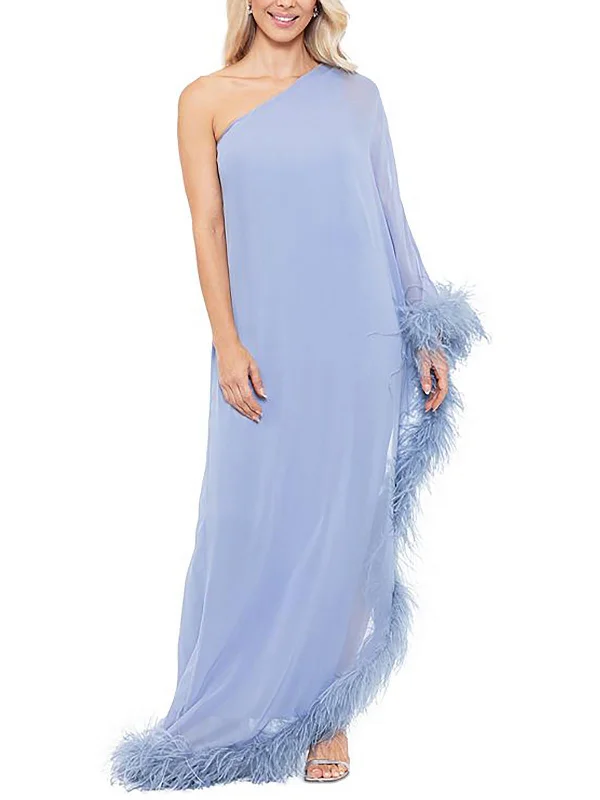 Womens Feather Trim One Shoulder Evening Dress