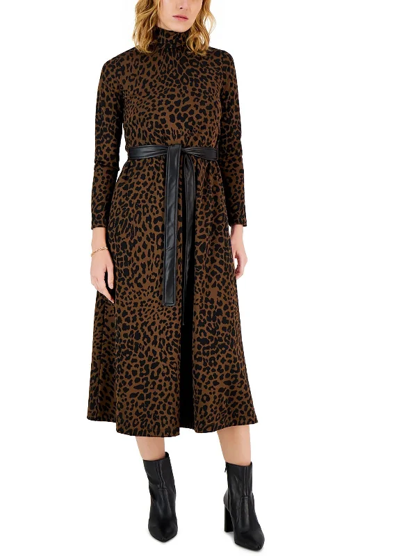 Markdown Madness Petites Womens Turtleneck Animal Print Midi Dress