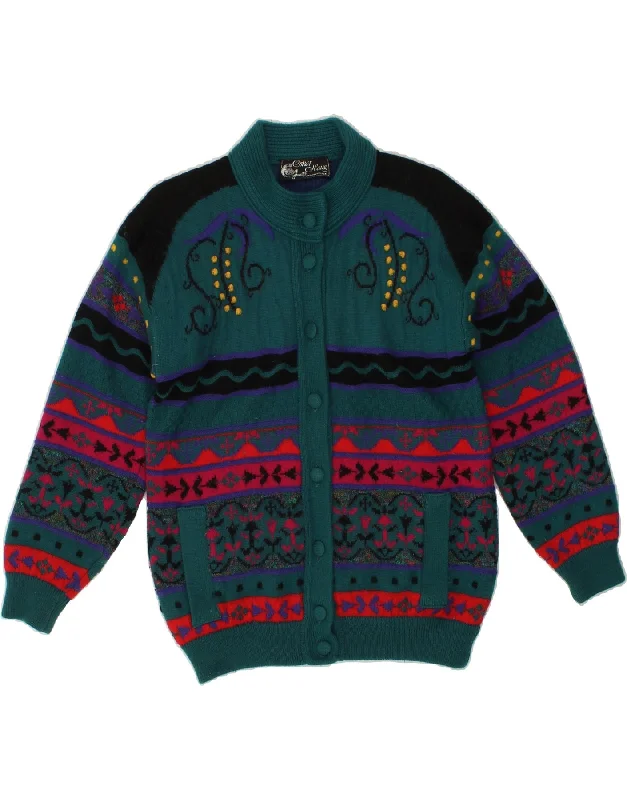 Act Now OSKAR HAUG Womens Cardigan Sweater UK 14 Medium Green Fair Isle Acrylic