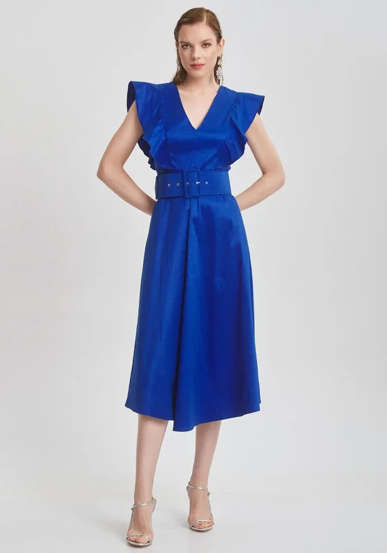 Price Blitz Camelot Shimmer Ruffle Midi Dress, Royal Blue