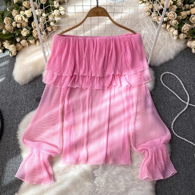 Markdowns Fashionable design puff long-sleeved off-shoulder ruffle pleated chiffon women's casual top     S4210