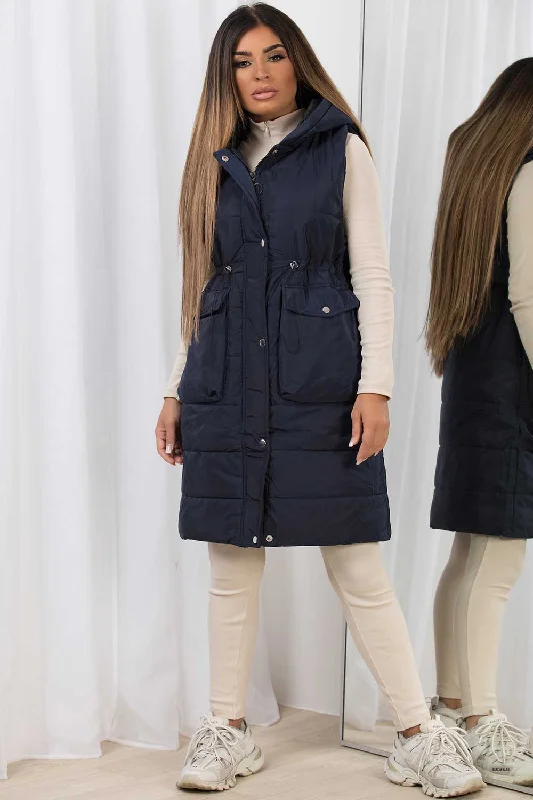 Limited Time Offer Navy Padded Gilet With Drawstring Waist Longline