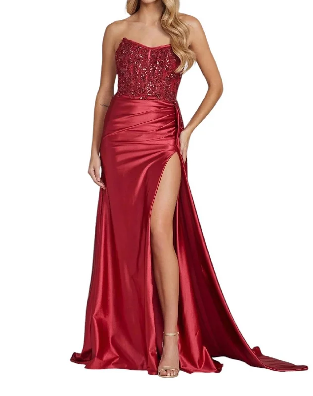 Embroidered Strapless Slit Gown In Burgundy