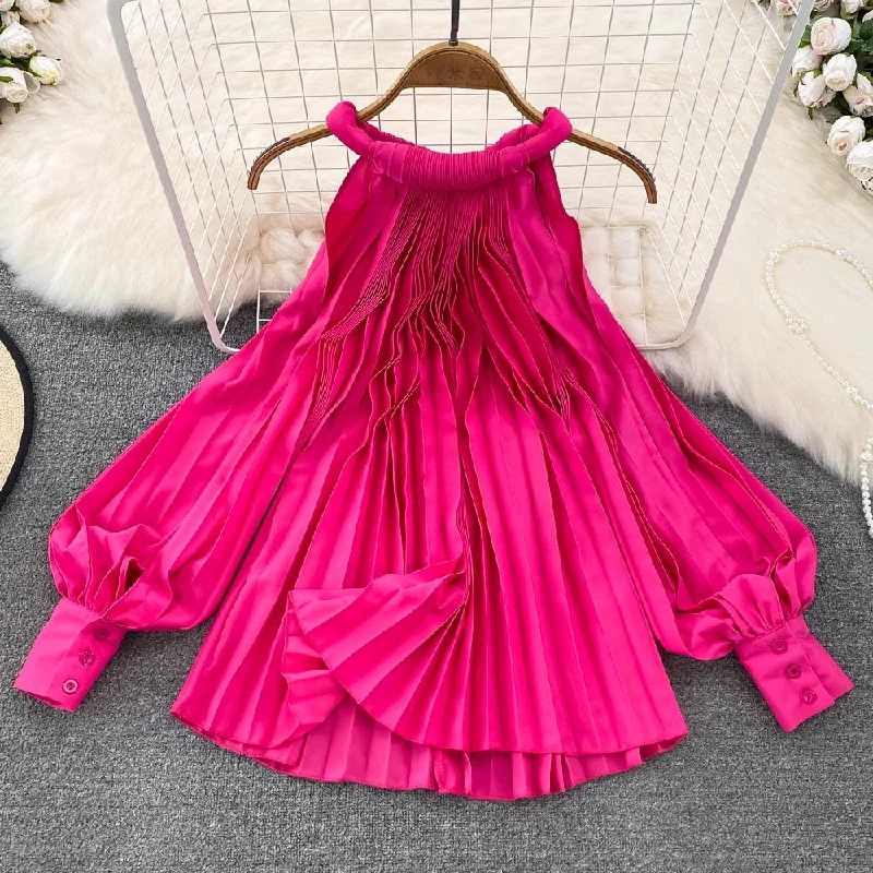 Don't Wait Round Neck Halter Neck Off-Shoulder Lantern Sleeve Pleated Shirt Women's Casual Top    S4125