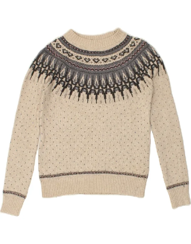 FAT FACE Womens Crop Boat Neck Jumper Sweater UK 6 XS Beige Fair Isle