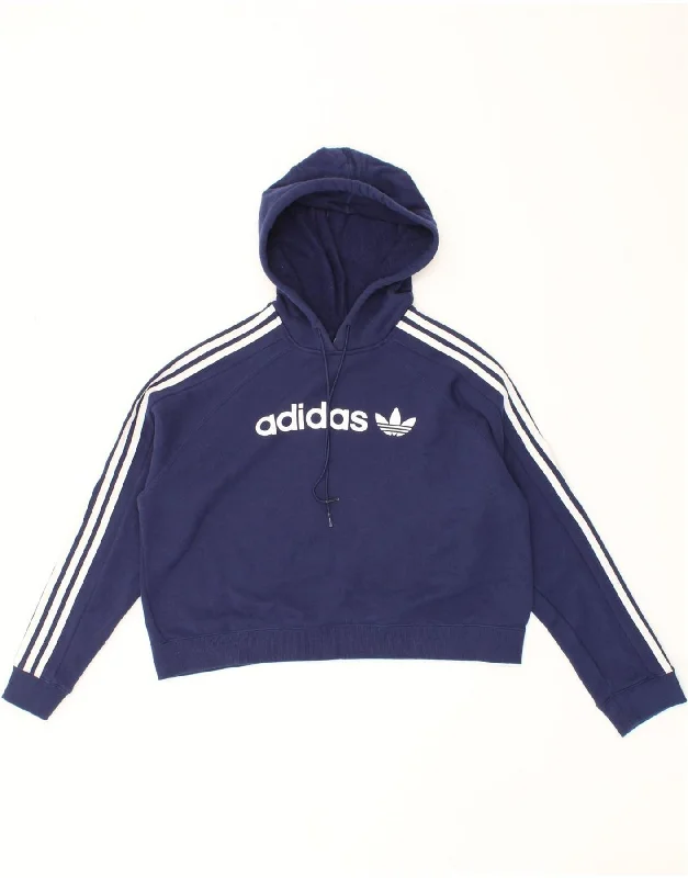 Price Reduction ADIDAS Womens Crop Graphic Hoodie Jumper UK 12 Medium Navy Blue Cotton
